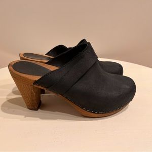 EUC Sanita Black Suede and Wood Clogs
